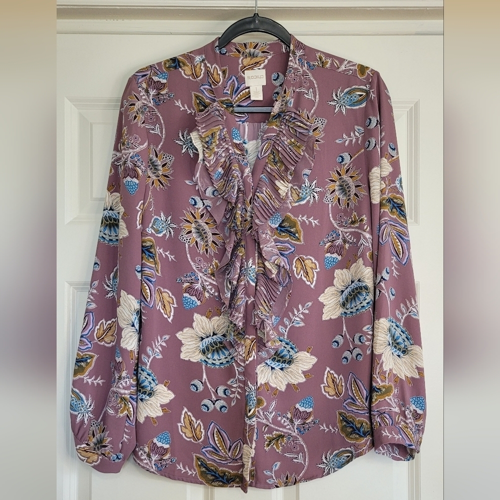 Chico's Mauve Jacobean Floral Print Ruffled Collar Blouse - Size M (Chico's 1)